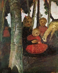 Three Children with Goat in Birch Forest